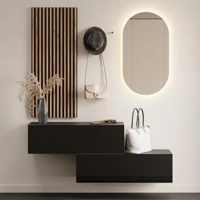 Abbildung von Planetmöbel Flur Möbel Garderobe 2X 100cm schwarz, Wandpaneel 50cm Gold Eiche/Anthrazit mit Spiegel (ohne LED), Wandgarderobe 32,5H x 100B 37,8T cm