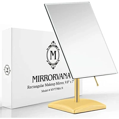 Abbildung von Mirrorvana Goldener Tischspiegel Groß, Schminktisch Spiegel, Kosmetikspiegel/Schminkspiegel, Badezimmer Spiegel für die Arbeitsplatte Badspiegel ohne Rahmen, 18 x 25 cm (Gold)