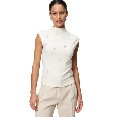 Abbildung von zero MIT Strass UND BLÜTEN Tshirt print, Damen, Größe: 36, Patch creamgrey