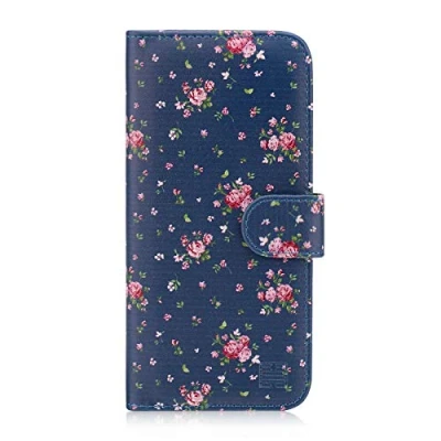 Abbildung von 32nd Blumen Series PU Leder Mappen Hülle Case Cover für Apple iPhone XR, Blumendesign hüllen Entwurf gemacht Mit Kartensteckplatz und Magnetverschluss Weinlese Rosen Indigo