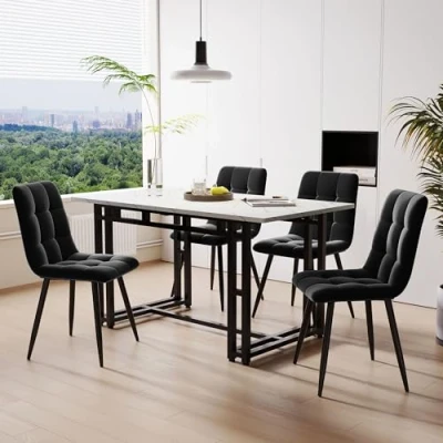 Abbildung von Moimhear 120x70cm Schwarz Esstisch mit 4 Stühlen Set,Moderne Küche Set, Samt Esszimmerstühle, Eisen Beintisch (Schwarz)