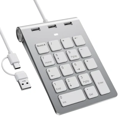 Abbildung von Cbcuyle Ziffernblock mit USB A/USB C, Multifunktionstasten Nummernblock 3 zusätzlichen 2.0 Anschlüssen, 18 Tasten, 15 ergonomische Numeric keypad für Laptops, Notebook und Desktops