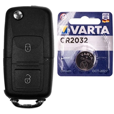 Abbildung von mt key Auto Klapp Schlüssel Gehäuse 2 Tasten + HAA Rohling VARTA CR2032 Knopfzelle, (3 V), für VW Golf Sharan T5 SKODA Fabia Octavia Funk Fernbedienung