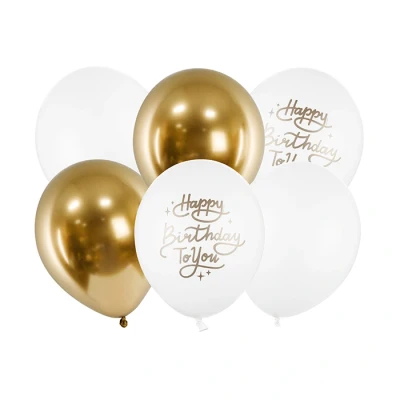 Abbildung von Luftballons 30cm 6er Set mit Schrift Happy Birthday Mix Geburtstag Geburtstagsparty gold weiß