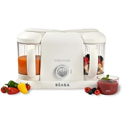 Abbildung von BÉABA Babycook Duo 4 in 1 Babynahrungszubereiter Schonender Dampfgarer Schnelles Dampfgaren 15 Minuten XXL Fassungsvermögen : 2x200 ml Weiss/Silber