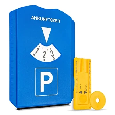 Abbildung von Parkscheibe mit Eiskratzer, 1 Stück, in Blau, Parkuhr inkl. Reifenprofilmesser und Einkaufswagenchip, für Auto, LKW, Wohnmobil, Parking Disc Blue, Parkscheiben, Parkkarte, Park Scheibe Ankunftszeit