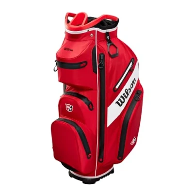 Abbildung von Wilson Golftasche, W/S Exo Dry Cart Bag, Trolleytasche für bis 14 Schläger, Golf Zubehör Damen und Herren, Rot / Schwarz Weiß