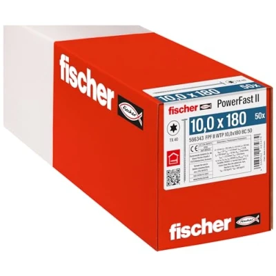 Abbildung von fischer PowerFast II WTP 10,0 x 180, kraftvolle Holzbauschraube mit Tellerkopf, Innenstern Aufnahme und Teilgewinde, für den konstruktiven Holzbau, 50 Stk.
