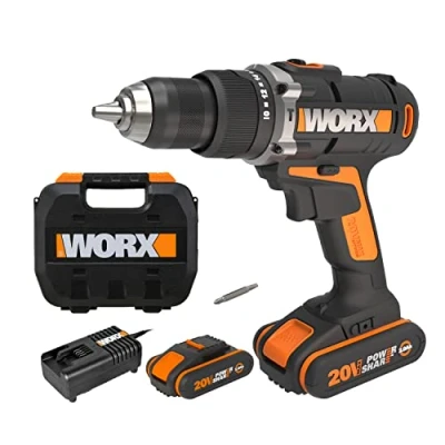 Abbildung von WORX WX372 Akku Schlagbohrschrauber Set mit 20V Schlagbohrschrauber, 2 Li Ion Akkus, Schnell Ladegerät, Doppelbit &amp; Koffer / 50Nm, Gang Getriebe LED Licht zum Schrauben, Bohren Schlagbohren