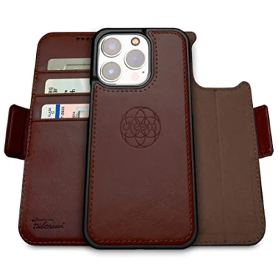 Abbildung von Dreem Fibonacci iPhone 14 Pro Geldbörsen Hülle / 2 in 1 Stoßfestes MagSafe Case und abnehmbares Luxus Vegan Leder Folio mit RFID Kartenschutz Ständer; für Frauen Männer Kaffee