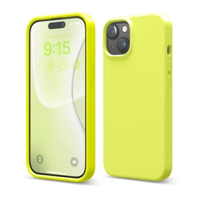 Abbildung von elago Flüssig Silikon Case Kompatibel mit iPhone 15 Hülle, Premium Handyhülle, Ganzkörper Schutzhülle [4 Lagige Stoßfeste Struktur], Kratzfestes Weiches Mikrofaserfutter (Neon Gelb)