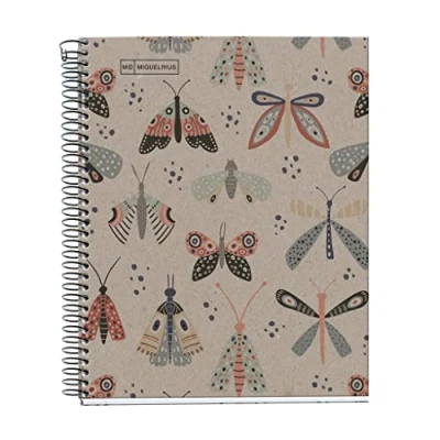 Abbildung von Miquelrius Notizbuch, 100 % recycelt, 1 farbiger Streifen, A5, 80 Blatt liniert, Papier g, 2 Bohrungen, Einband aus recyceltem Karton, Design Ecobutterfly