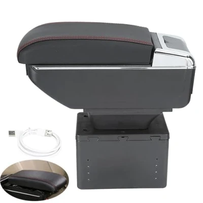 Abbildung von Auto Armlehnenbox, Leder Armlehnenkissen für Autos,Universal ABS Schwarz Bezug Mittelkonsole Armlehne,Car Center Konsole Armlehnenbox Behälter Einstellbar mit USB Schnittstelle