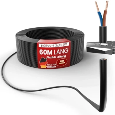 Abbildung von MAS Premium Von 5 bis 100m Kunststoffschlauchleitung H05VV F 2, 3 oder x0,75; x1; x1,5 x2,5 und 4G0,75 Flexible Leitung Kabel Gerätekabel (H05VV 2x1,5 SW, 60m)