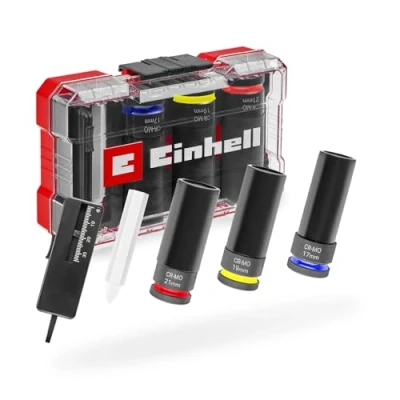 Abbildung von Original Einhell Impact Stecknuss Set 5 tlg. (3x 80 mm Stecknüsse, CrMo Stahl, Kunststoffhülse, Profiltiefenmesser, Reifenkreide, M CASE, für Leichtmetallfelgen)