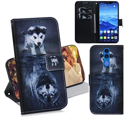 Abbildung von DodoBuy Huawei Mate 20 Lite Hülle Flip PU Leder Schutzhülle Handy Tasche Case Cover Wallet Standfunktion mit Kartenfächer Magnetverschluss für Hund Wolf