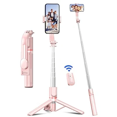 Abbildung von Selfie Stick mit Verbessertem Stativ [2023 Ganz Neues Entwurf] Stange aus Aluminium Handy Abnehmbarer Fernbedienung um 360 Drehbar für iPhone Samsung, Action Kamera GoPro (Rosa)