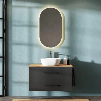 Abbildung von Planetmöbel LUX Badmöbel Set Waschbecken mit Unterschrank 90 cm, Aufsatz 42 cm weiß, Spiegel 50 (ohne LED), Waschbeckenunterschrank Gold Eiche/Anthrazit