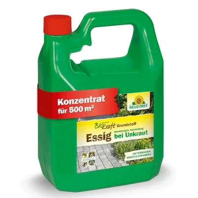 Abbildung von Neudorff BioKraft Grundstoff Essig Konzentrat 100% natürlicher Unkrautvernichter für 500 m² befestigte Flächen wie Wege und Terrassen, 3 Liter, Grün