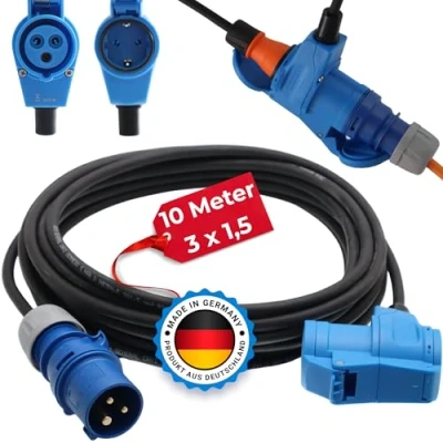 Abbildung von CEE Adapterleitung Camping Kabel mit Stecker und Winkelkupplung inkl. Schuko Steckdose Kombisteckdose im Außenbereich 16A/230V Made in Germany 10m