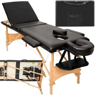 Abbildung von tectake® Mobile Massageliege 3 Zonen, höhenverstellbar, klappbar, Zubehör Kopfstütze, Tasche, belastbar bis 250kg, Möbel für Kosmetik, Massage, Tattoo Zubehör, Physiotherapie schwarz