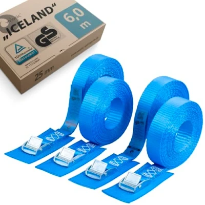Abbildung von valonic Iceland Spanngurte, TÜV Rheinl. / GS Zertifiziert, mit Pad, 6m, 25mm, 250Kg, EN 12195 2 4 Stück Spanngurt Klemmschloss für Dachbox, SUP, Kajak, Waschmaschine, blau