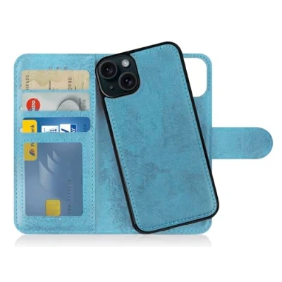 Abbildung von MyGadget Flip Case für iPhone 15 Plus [ abnehmbare Magnet Hülle ] Handyhülle aus Kunstleder Klapphülle mit Kartenfach Schutzhülle in Hellblau