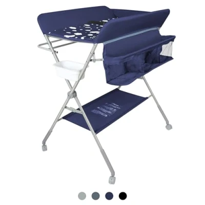 Abbildung von Baby Klappbarer Wickeltisch，Mobiler Wickeltisch mit Rollen und Wickelauflage,Wasserdicht Höhenverstellbar，Baby Wickelkombi Ablagefächern 80 * 58 90 cm Marineblau