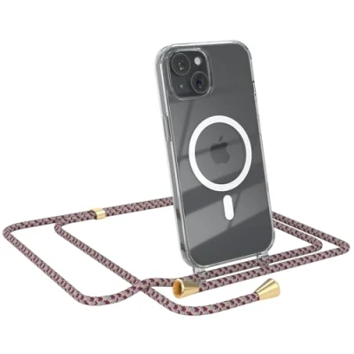 Abbildung von EAZY CASE Handykette kompatibel mit iPhone 15 Kette zum Umhängen Stoßfest Handyhülle für Silikon Hülle Band Handytasche Transparent als Fallschutz in Rot Camouflage