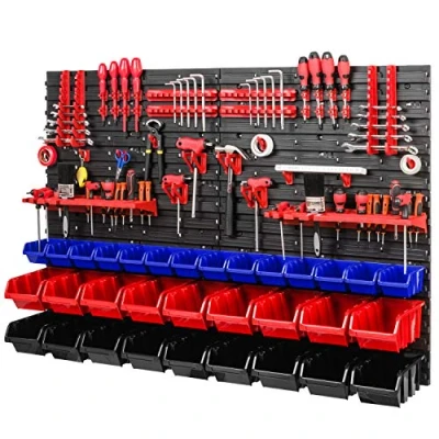 Abbildung von PAFEN Werkstattregal Lagersystem 1152 x 780 mm Wandregal mit Stapelboxen Werkzeughalter Schüttenregal Wandplatten Extra Starke (Blau/Rot/Schwarz)