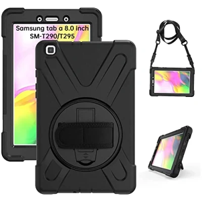 Abbildung von Gerutek Hülle für Samsung Galaxy Tab A 2019 8,0 Zoll (SM T290/T295) Robust Stoßfest Schutzhülle, mit Drehbarer Ständer, Handschlaufe Schultergurt, Panzerhülle T290N/T295N, Schwarz
