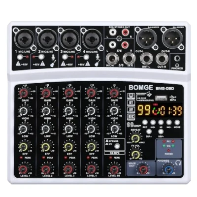 Abbildung von BOMGE 6 Kanal DJ Audio Mixer mit MP3 USB Bluetooth, 48 V Phantomspeisung, 16 DSP Echo Effekt für Live, Musik, Karaoke, Podcast, Weiß