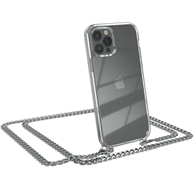 Abbildung von EAZY CASE Handykette kompatibel mit iPhone 12/12 Pro Handyhülle Metal Umhängeband und Ersatz Kordel schwarz, Handykordel Schutzhülle, Stylische Kette, Silber