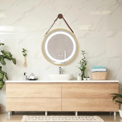 Abbildung von pro.tec LED Badspiegel Picerno Wandspiegel mit Beleuchtung Warmweiß Neutral Kaltweiß runder Lichtspiegel Ø70cm Aufhänge Gurt Touch, Antibeschlag, Memory Funktion dimmbar Gold