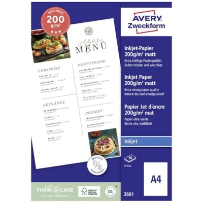 Abbildung von Avery Zweckform Art. 2681 Business Inkjet Papier (50 Blatt, 200 g/m², A4, mattes Druckerpapier, beidseitig beschichtet &amp; bedruckbar, sofort trocken wischfest, Flyerpapier für Drucker) weiß