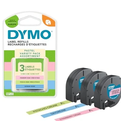 Abbildung von Dymo Original LetraTag Pastellfarbene Etiketten Kunststoff 12 mm x 4 m Pistaziengrün, Hellblau &amp; Rosa selbstklebendes Etikettenband für Beschriftungsgerät 3 Etikettenkassetten