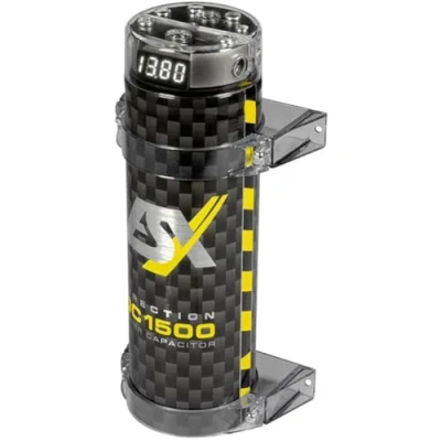 Abbildung von ESX DC1500 1,5 Farad Power Cap aus der Direction Serie zur Spannungsstabilisierung Car Hifi Anlage mit integriertem Verteilerblock