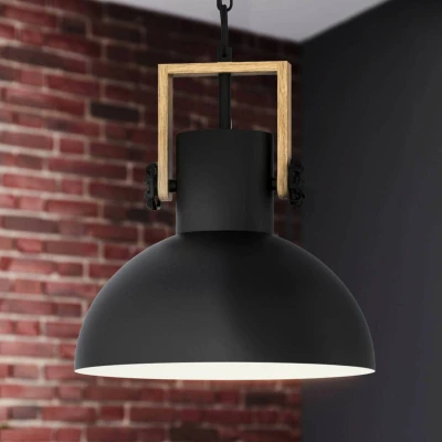 Abbildung von EGLO Pendellampe Lubenham, 3 flammige Vintage Pendelleuchte im Industrial Design, Retro Hängelampe aus Stahl und Holz, Farbe Schwarz, braun, Fassung E27, FSC zertifiziert