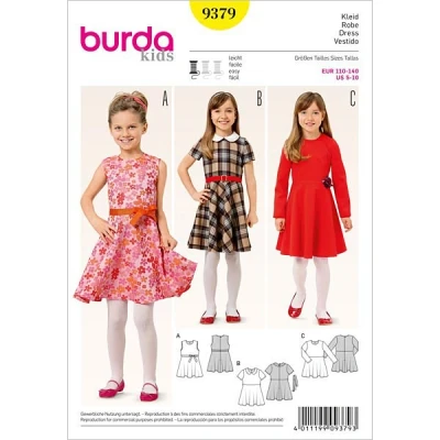 Abbildung von Burda 9379 Schnittmuster Mädchenkleid mit glockenrock und Karomuster (Kids, Gr. 110 140) Level 2 leicht