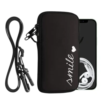 Abbildung von kwmobile Handytasche für Smartphones L 6,5&quot; Neopren Handy Hülle Weiß Schwarz Tasche mit Kette 16,5 x 8,9 cm Innenmaße Smile Herz
