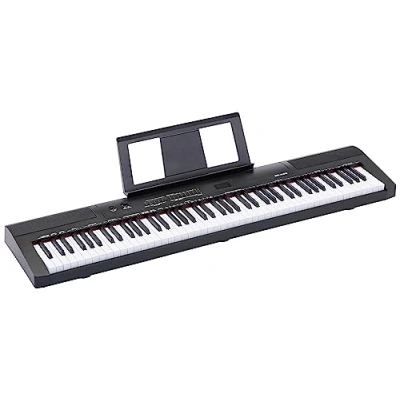 Abbildung von Amazon Basics Tragbares Digitalpiano mit 88 halbgewichteten Tasten, Sustain Pedal, 2 Lautsprechern, 140 Klängen, 200 Rhythmen, 16 Demo Songs, Metronom, Lernmodus, Schwarz