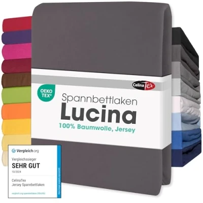 Abbildung von CelinaTex Jersey Spannbettlaken Lucina Doppelpack 90x200 100x200cm anthrazit grau 100% Baumwolle gekämmt bis 26cm Matratzenhöhe Spannbettbezug, Leintuch, Bettlaken, elastisch, Strech, Oeko Tex