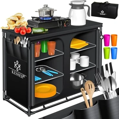 Abbildung von KESSER® Campingküche Inkl. Tragetasche &amp; Becherset Campingschrank Faltschrank mit Aluminiumgestell Reiseküche Küchenbox Zeltschrank Outdoor Camping Küche Schwarz/Schwarz Typ F6
