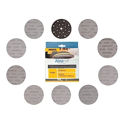 Abbildung von Mirka Abranet Netzschleifscheiben Ø 150mm Klett / Mix Pack 1 von jeder Körnung 80, 100, 120, 150, 180, 220, 320, 400, 600 + Schutzauflage 10 Stk Für Exzenterschleifer, Schleifmaschinen