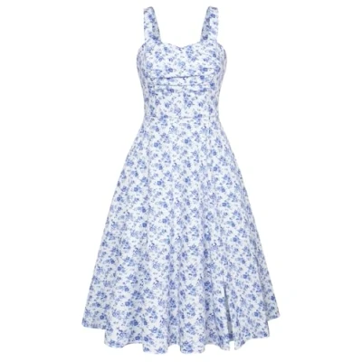 Abbildung von Damen Blumenkleid Sommer A Linie Spaghetti Sommerkleid Midi Rockabilly Cocktailkleid Strand Weiß S