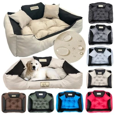 Abbildung von KING DOG Hundebett Kleine Hunde Waschbar S 55 x 45 cm Hundekissen Haustierbett Hundekorb Personalisiert Name des Hundes Wasserdichtes Material Silikon Füllung Beige