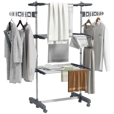 Abbildung von HOMCOM Wäscheständer Turm mit Rollen, 3 Ebenen, für Indoor, Outdoor, Stahl Grau 80,142 x 55 152 cm