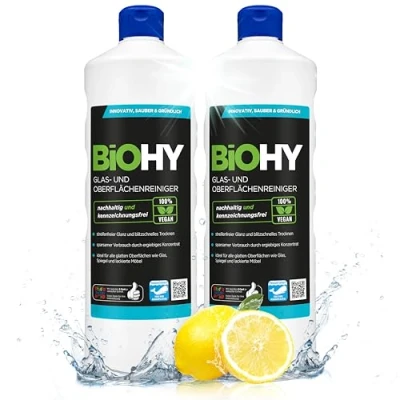 Abbildung von BiOHY Glas und Oberflächenreiniger (2 x 1 liter) Glasreiniger Konzentrat für streifenfreien Glanz ergiebiger &amp; Kunststoffreiniger Fettlöser Kalkreiniger ideal Fenster Küche