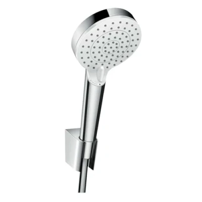 Abbildung von hansgrohe Duschbrause &quot;Crometta&quot;, (Brauseschlauch, Handbrause, Brausehalter), 10cm, wassersparend 9 l/min mit Duschschlauch 160cm, Weiß/chrom