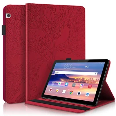 Abbildung von Succtop Hülle Huawei Mediapad T5 10 10,1 Zoll Schutzhülle PU Leder Weiche TPU Case Flip Stand Stifthalter Kartenschlitz Brieftasche Tablet für 10.1&quot; Rot